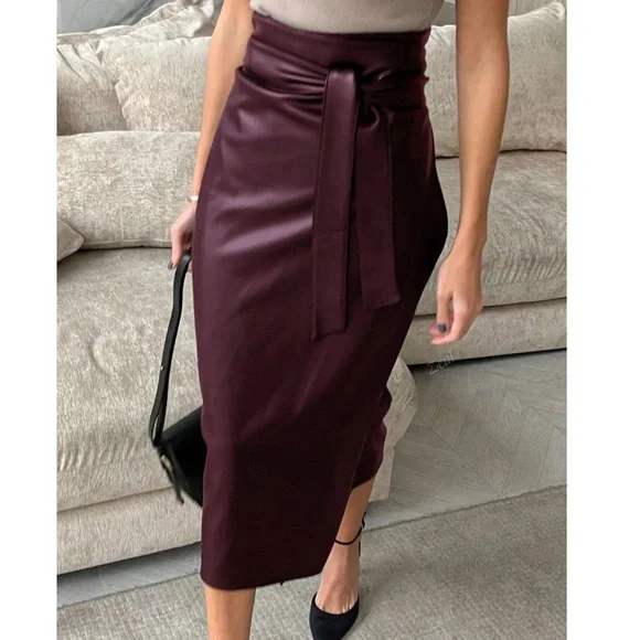 Classic Vegan Leather Belted High waisted Midi Skirt - Picture 2 of 6